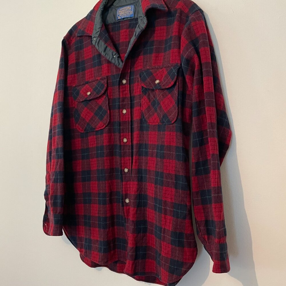 Vintage Pendleton Shirt Men's Medium Flannel Button Red + Black Plaid 100% Wool